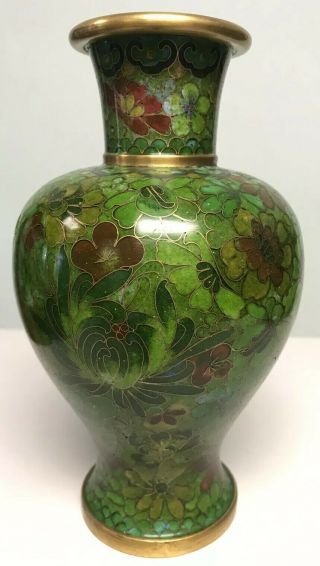 Vintage Antique Chinese Cloisonné Green Floral Vase 19th Century