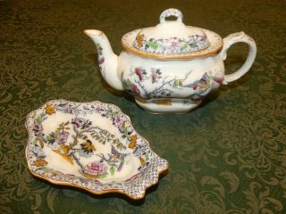 Antique Ashworth Bros.  Hanley Ironstone China Teapot & Butter Dish? Flying Bird