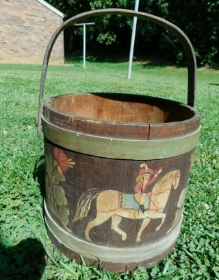 Antique Primitive Wooden Firkin Shaker Style Bucket Folk Art Paint
