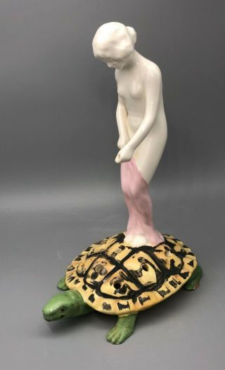 Royal Dux Art Nouveau Art Deco Woman On Turtle Flower Frog Figurine