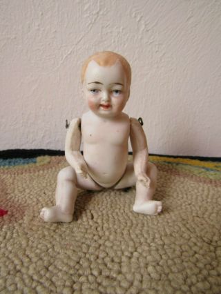 Vintage Smiling All Bisque Baby Doll 4 " Fully Jointed Nude Molded Hair