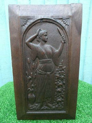 19thc Art Nouveau Wooden Panel With Female Figurine Holding Mirror C1890s