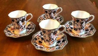 Set Of 4 Rare Antique Coalport Chocolate Cups & Saucers 6517 Imari Colors