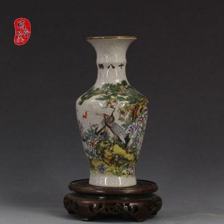 China Old Antique Hand Painting Qing Qianlong Pastel Crane Pine Bat Crackle Vase