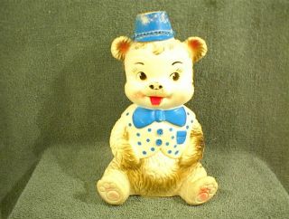 Vintage Edward Mobley Toy Rubber Bear With Blue Hat And Bowtie Squeak Is Broken