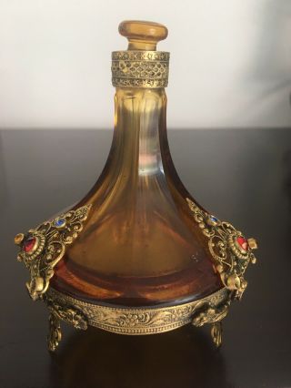 Antique Czech Bohemian Jeweled Amber Perfume Bottle W/ Brass Mounts
