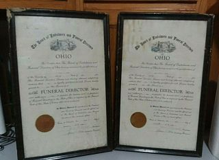 1933 Husband Wife Antique Embalming Certificate Diploma Mortician Funeral Direct