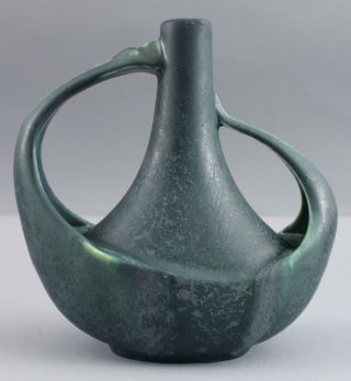 Antique HAMPSHIRE POTTERY Arts & Crafts Open Handle Bud Vase,  Blue Green Glaze 2