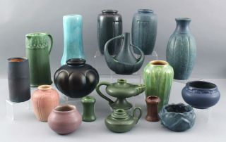 Antique HAMPSHIRE POTTERY Arts & Crafts Open Handle Bud Vase,  Blue Green Glaze 6
