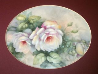 Vintage Hand Painted Porcelain Plaque Roses D.  Erickson Large Plaque 8 " X 10 "