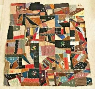 Antique Crazy Quilt Top Hand Sewn Patchwork Embroidery 1888 Wool Cotton 57 X 68