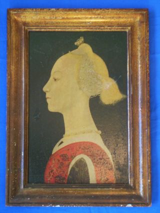 Vintage Italian Gilded Gold Wood Framed Print Renaissance Woman Profile 17x12.  5 "