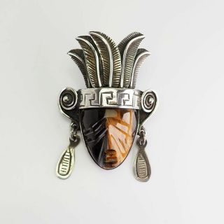 Antique Signed Sterling Silver Carved Tiger Eye Warrior Face Pin Pendant Mexico