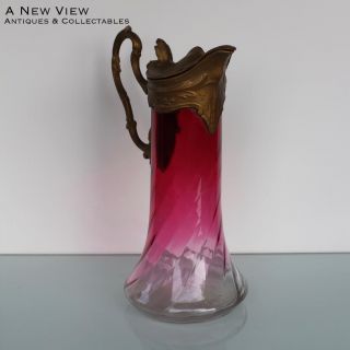 Antique Art Nouveau Floral Pink Glass Wine Claret Jug Decanter.