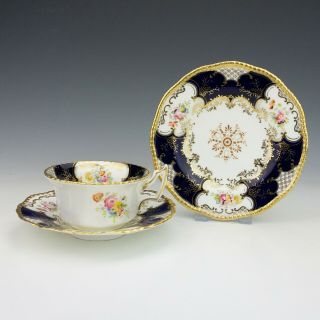 Antique Coalport Porcelain Cobalt Blue & Gilt Batwing Cup,  Saucer & Tea Plate