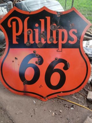 Vintage Antique Classic Phillips 66 Sign.  48 " Wide Porcelain Coated Paint