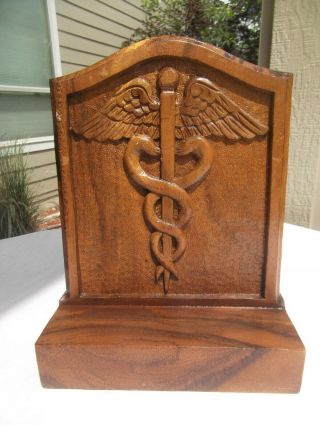 Antique Medical Caduceus Desk Doctors Office Carved Hard Wood Sign Book End
