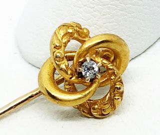 Antique Victorian / Deco 14k Solid Yellow Gold Love Knot Stickpin W/ Diamond 2g