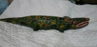 Hand Carved Painted Folk Art Wood Alligator Crocodile Green Yellow Red Blue 20x4