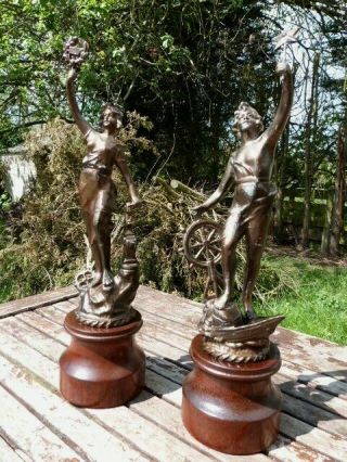 Lovely Antique Vintage French Spelter Figurines On Wooden Plinth.