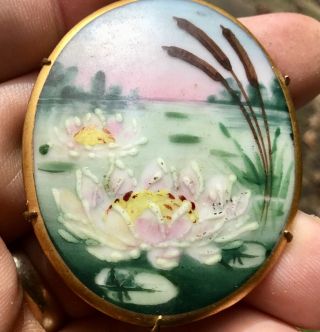 Antique Hand Painted Water Lily & Cattail Porcelain Brooch Brass Back And Pin