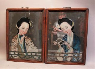 Gorgeous Antique Chinese Export Reverse Paintings On Glass C.  1860