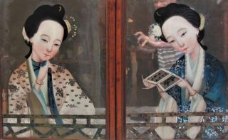 Gorgeous Antique CHINESE EXPORT Reverse Paintings on Glass c.  1860 2