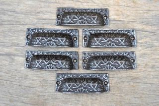 6pc vintage victorian cast iron EASTLAKE cabinet drawer bin pull cup handle 3.  7 