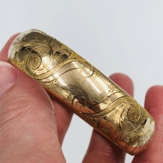 Antique Victorian Gold Filled Bangle Bracelet 34.  6 Grams 5/8” Wide Leafy Etched