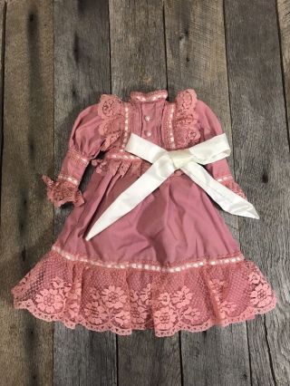 Antique/ Vintage Dark Pink Dress With Large White Bow,  11 Inches