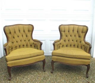 Vtg Antique French Provincial Louis Xv Tufted Bergere Carved Club Arm Chairs