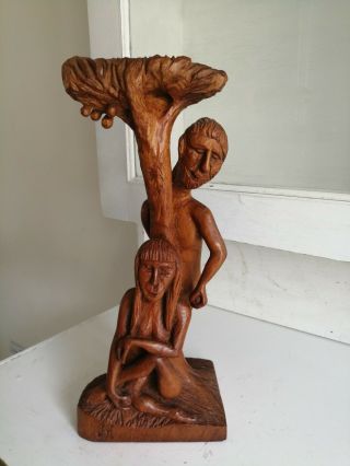 Vintage - Folk Art Hand Carved Wooden Adam & Eve Figure Signed Hj/jh 34cm High
