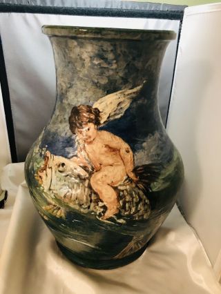 Rare French Limoges Haviland & Co Huge Heavily Enameled Winged Putti Riding Fish