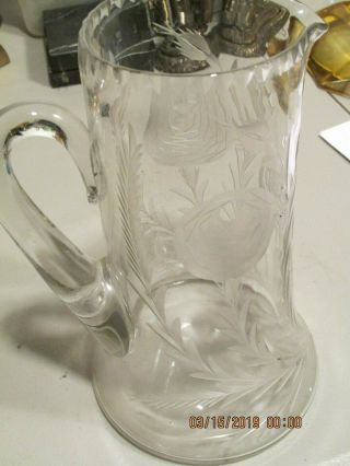 Vintage 9 " Antique Etched Floral Cut Etched Glass Crystal Water Pitcher Heavy