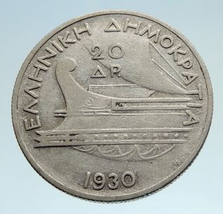 1930 Greece Antique Silver 20 Dr Greek Coin Poseidon Galley Ship I75138