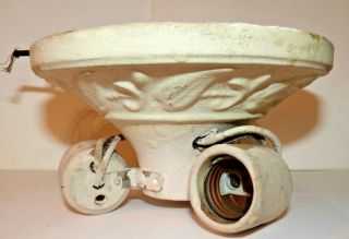 Antique Porcelain Ceiling Fixture 3 - Light W/ Sockets Needs Rewired Embossed Vtg