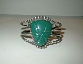 Antique Mexican Heavy Sterling Silver Bracelet - With Green Carnelian Mayan Mask