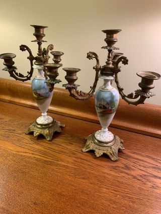 Antique Victorian Era Brass And Porcelain Candelabra Candlesticks - French ?