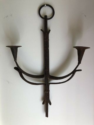 18th Century Primitive Wrought Iron Wall Sconce Forged Colonial Candlesticks