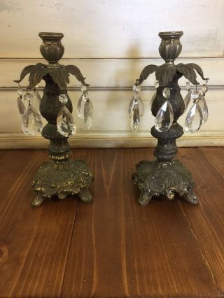Pair 2 Pc Mantle Set Art Nouveau Candle Holders Glass Prisms