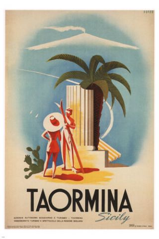 Taormina Sicily Vintage Travel Poster Mario Puppo Italy 1952 24x36 Lovely