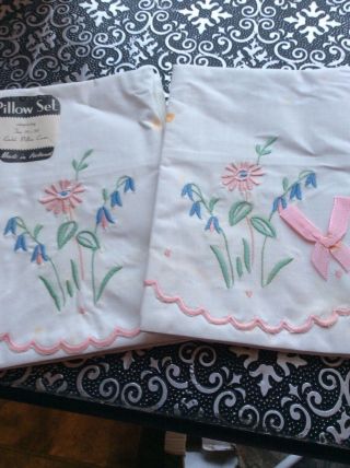 Antique Pair Embroidered Mixed Linen Pillow Cases Made N/ Ireland
