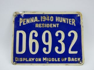 Antique Pennsylvania Pa 1940 Blue Metal Hunting License