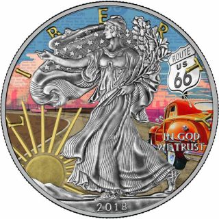 Usa 2018 1$ Liberty Silver Eagle Route 66 1oz Silver Antique Coin