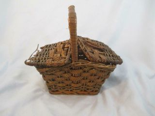 Vintage Double Lid Hinged Basket Antique Bisque Doll Accessory Child Size