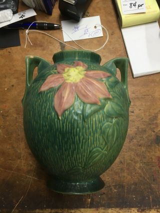 Antique 1944 Roseville Art Pottery Clematis Pattern 107 8 Handled Vase Green