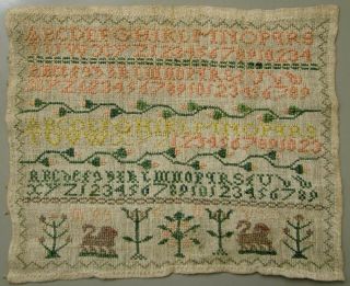 Cute Circa 1800 English Antique Sampler Cross Stitch Needlework Lions Flowers