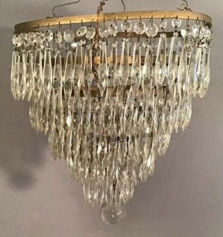 Antique Art Deco Era Waterfall Style Glass Crystal Prism Old Project Chandelier