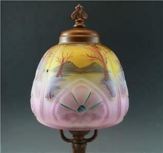 Antique Boudoir Table Lamp W/ Painted Dome Glass Shade Landscape Scene