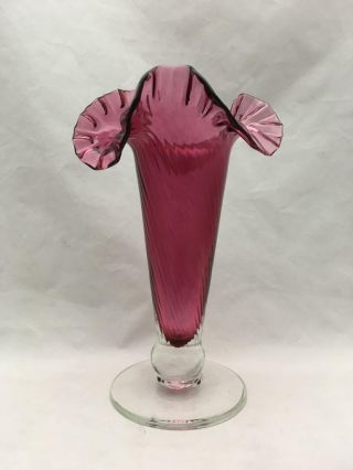 Vintage / Antique Art Glass Cranberry Swirl Pedestal Vase W Ruffled Top